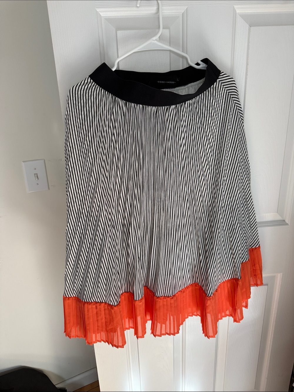 Striped Black & White Pleated Skirt with Orange Hem